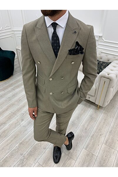 LONATOLİA Ανδρικό κοστούμι με διπλό στήθος με γιακά χελιδονοουράς ιταλικής κοπής Slim Fit Jacket Vest Pants-Cream