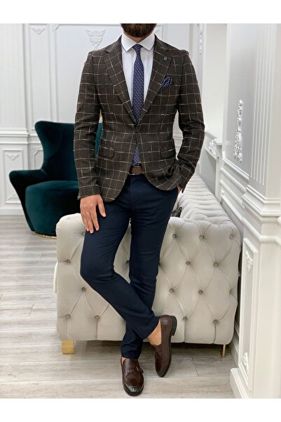 LONATOLİA Men's Square Plaid Italian Cut Slim Fit Jacket