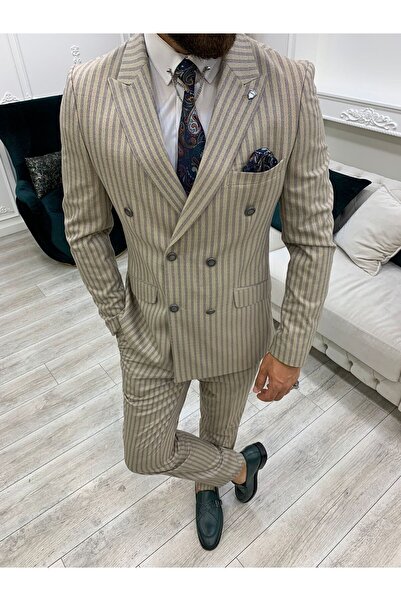 LONATOLİA Erkek Kruvaze Takım Elbise Kırlangıç Yaka İtalyan Kesim Slim Fit Ceket Pantolon