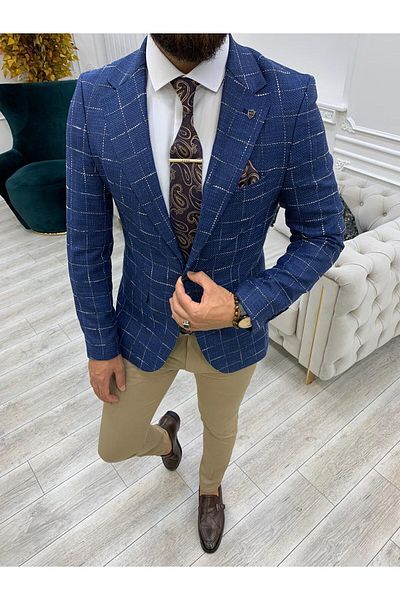 LONATOLİA Men's Square Plaid Italian Cut Slim Fit Jacket