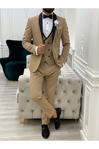 LONATOLİA Erkek Smokin Damatlık Şal Yaka İtalyan Kesim Slim Fit Ceket Yelek Pantolon Papyon-Krem