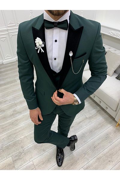 LONATOLİA Men's Tuxedo Groom Suit Velvet Swallow Collar Italian Cut Slim Fit Jacket Vest Pants with Bow Tie-Green