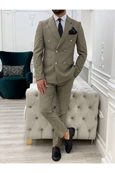 LONATOLİA Ανδρικό κοστούμι με διπλό στήθος με γιακά χελιδονοουράς ιταλικής κοπής Slim Fit Jacket Vest Pants-Cream