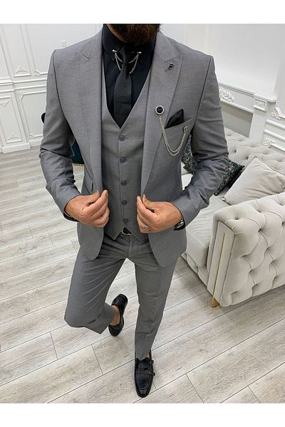 LONATOLİA Men's Suit Swallow Collar Italian Cut Slim Fit Jacket Vest Trousers-Grey