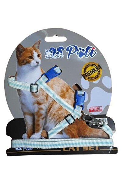 pati Yavru Köpek ve Kedi Gezdirme Takım Tasması (Ayarlanabilir) Beyaz-Mavi