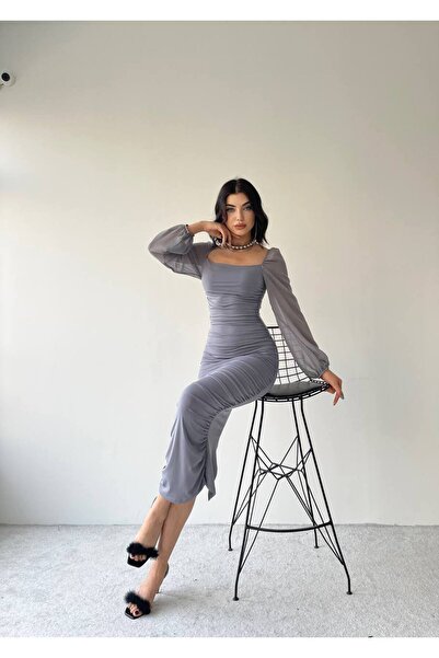 conconmoda Kadın Bej Kolları Tül Drapeli Midi Boy Elbise - 4301