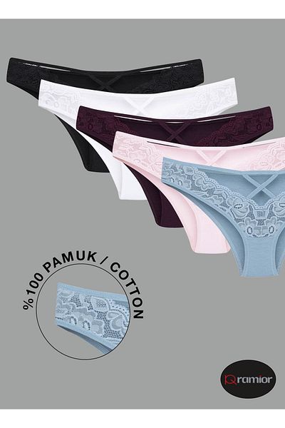 Ramior RAMİOR SET OF 5 SLIP PANTY WITH V WINDOWS AND LACE DETAIL BLACK-WHITE-BLUE-DAMSON-POWDER
