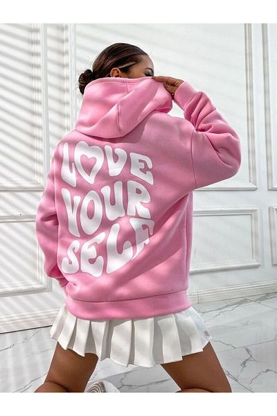 Combineman35 Hanorac oversize cu glugă cu imprimeu Love Yourself roz pentru damă