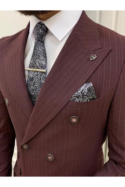 LONATOLİA Erkek Çizgili Kruvaze Takım Elbise İtalyan Kesim Slim Fit Ceket Pantolon-Bordo
