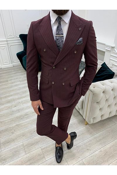 LONATOLİA Men's Striped Double Breasted Suit Italian Cut Slim Fit Jacket Trousers-Burgundy