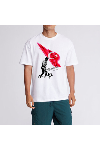 CreaEymer تي شيرت أبيض برقبة دائرية وطبعة أتاتورك 100% قطن