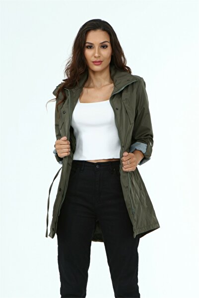 diaves Kadın Haki Yanlardan Büzgülü Katlanabilir Kol Astarlı Yağmurluk