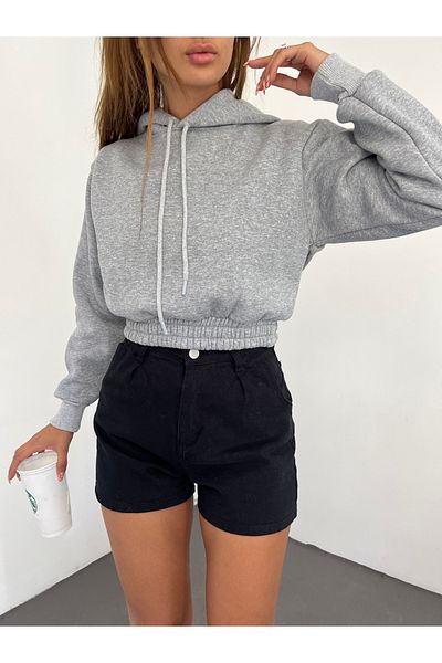 Fav Style Women's Hooded Long Sleeve Three Thread Raster Crop Sweatshirt Gray