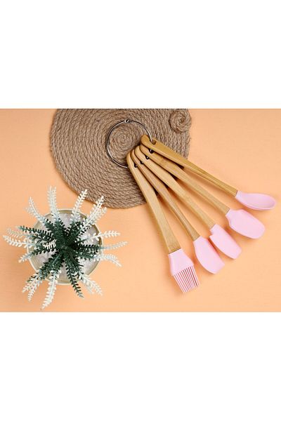 emir home shop Bamboo Handle Silicone Tip 5 Piece Mini Spatula Spoon Brush Set