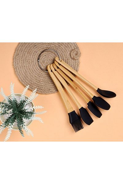 emir home shop Bamboo Handle Silicone Tip 5 Piece Mini Spatula Spoon Brush Set