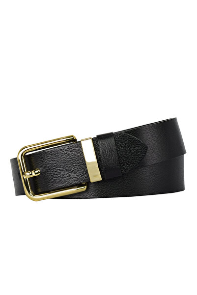 GoDeri %100 Hakiki Deri Gold Tokalı, Metal Köprülü Siyah Kadın Kot Kemeri, 4 Cm=2li-met.köprü.-byn-76