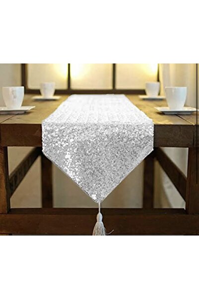 MER HOME Silver Tufted Sequined Table Runner