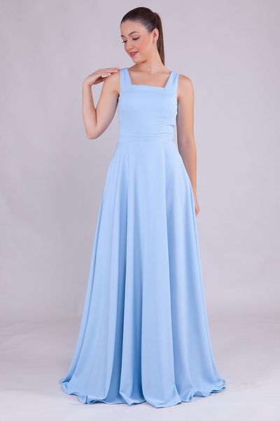 lovebox Dámské šaty Atlas Fabric čtvercový límec s tlustým popruhem navržený Maxi Délka Baby Blue Šaty 413