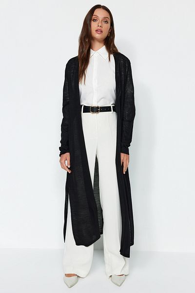 Trendyol Modest Black Slit Detailed Long Thin Knitwear Cardigan TCTAW24TH00087