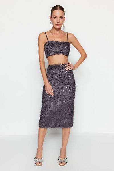 Trendyol Collection Silbernes Crop Bustier mit Fransen und Pailletten TPRAW24BS00034