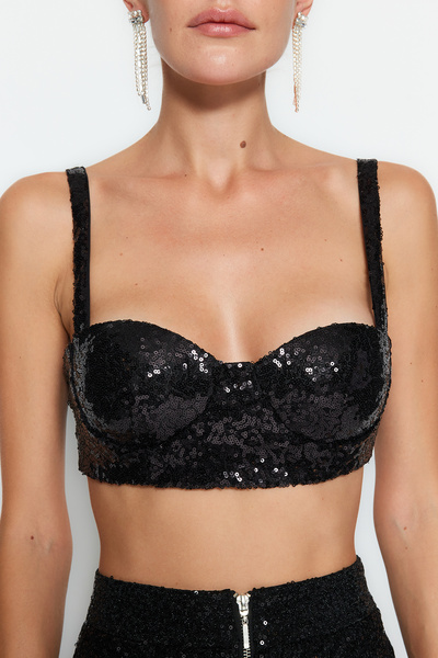 Trendyol Collection Black Crop Sequin Bustier TPRAW24BS00010