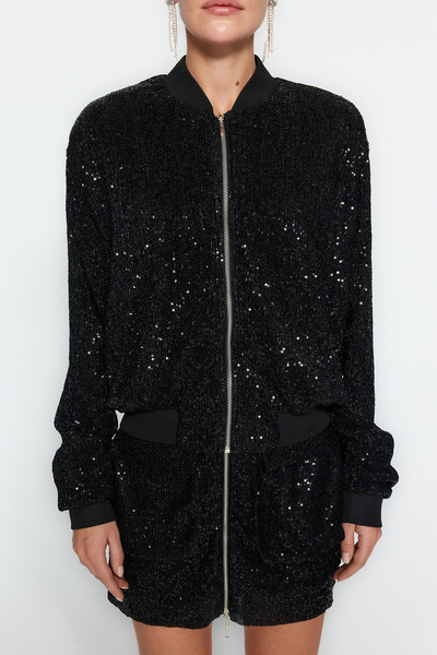 Trendyol Collection Black Knitted Glitter Sequin Sequin Bomber Jacket TPRAW24CE00017
