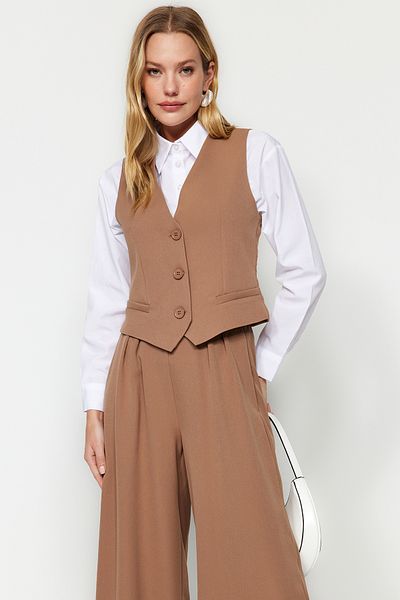 Trendyol Modest Σετ υφαντό φανελάκι-παντελόνι Camel TCTAW24US00066