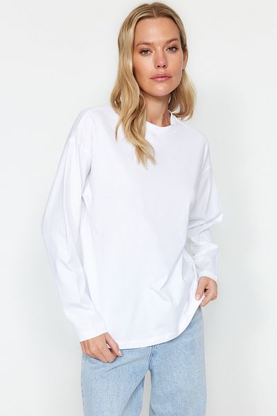 Trendyol Collection Tricou alb, 100% bumbac, cu mânecă lungă, cu mânecă lungă, tricotată supradimensionată/largi TWOAW24TS00013
