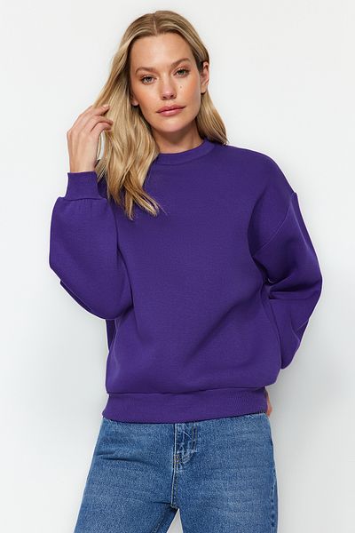 Trendyol Collection Fialová tlustá fleecová vnitřní mikina Regular/Normal Fit Crew Neck Basic Pletená mikina TWOAW24SW00101