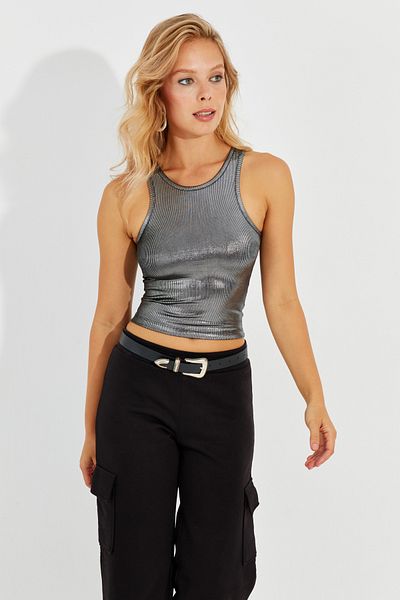 Cool Women's Anthracite Metallic Crop Blouse LPP1218