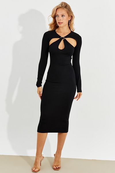 Cool & Sexy Women's Black Front Window Midi Dress B226