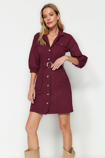 Trendyol Collection Jachetă cu curea burgundă Rochie țesută cu detalii cu nasturi mini TWOAW20EL1156