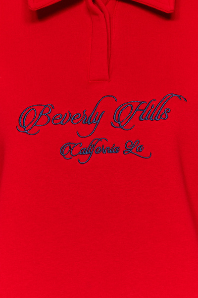 Trendyol Collection Piros inggallérral hímzett, normál szabású vastag polár belül kötött pulóver TWOAW24SW00182