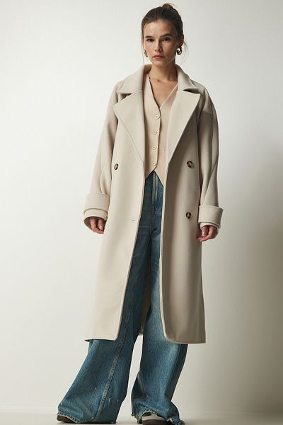 Happiness İstanbul Women's Cream Double Breasted Collar Belted Oversize Stamp Coat TO00115