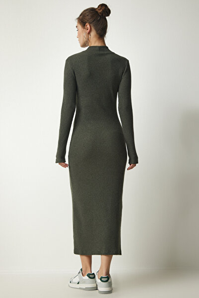 Happiness İstanbul Kadın Koyu Haki Dik Yaka Yırtmaçlı Kaşkorse Elbise UB00198