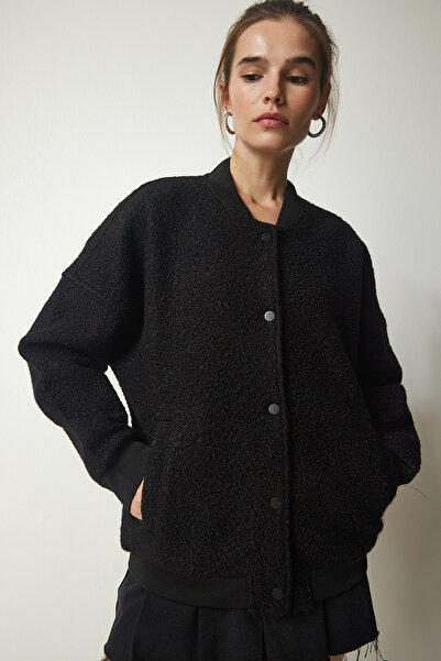 Happiness İstanbul Dámská černá bunda Boucle s knoflíky KW00004