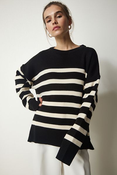 Happiness İstanbul Pulover oversize din tricot cu dungi Black Bone pentru femei YY00182
