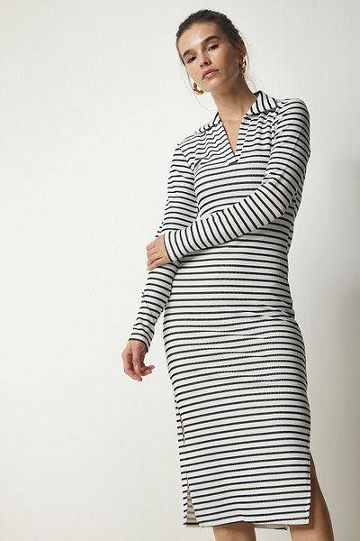 Happiness İstanbul Weißes gestreiftes Camisole-Kleid mit Rollkragen für Damen MC00238