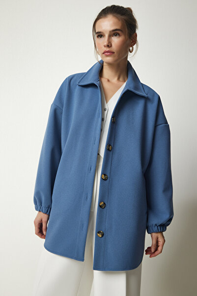 Happiness İstanbul Női indigókék gombos túlméretes ingdzseki zsebekkel DD01263