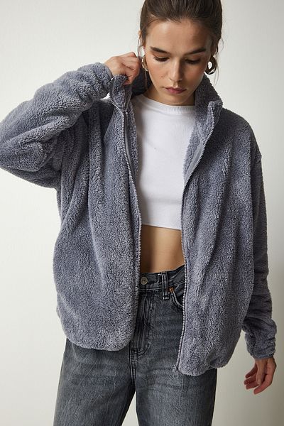 Happiness İstanbul Women's Gray Zippered Plush Cardigan UB00196