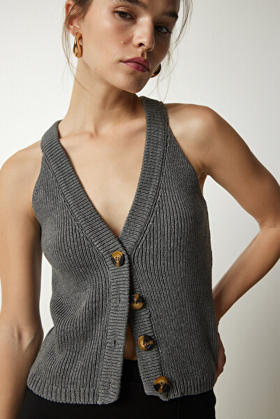 Happiness İstanbul Dámská antracitová pletená vesta s ohlávkovým límcem FN03118
