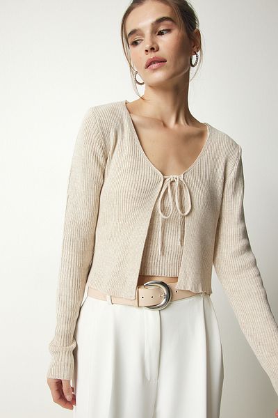Happiness İstanbul Women's Cream Ribbed Knit Crop Cardigan Set MT00143