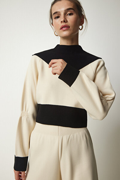 Happiness İstanbul Női krémblokk színű pulóver nadrág, stílusos kötöttáru öltöny CI00089