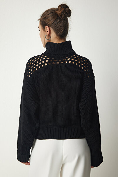 Happiness İstanbul Pulover de damă negru cu guler tricotat, tricotat ajurat, CI00090