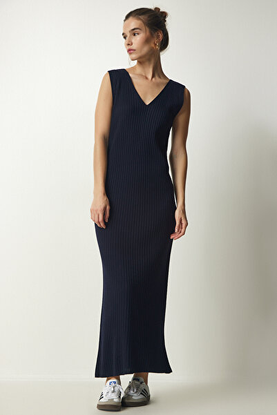 Happiness İstanbul Női sötétkék zsinóros kötött pulóver ruha KG00006