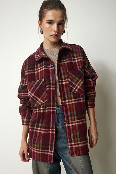 Happiness İstanbul Cămașă oversize cașmir pentru femei cu model burgundă TU00034