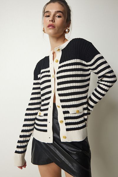 Happiness İstanbul Damen-Strickjacke mit Streifenmuster, Schwarz/Creme, Metallknöpfen, BP00150