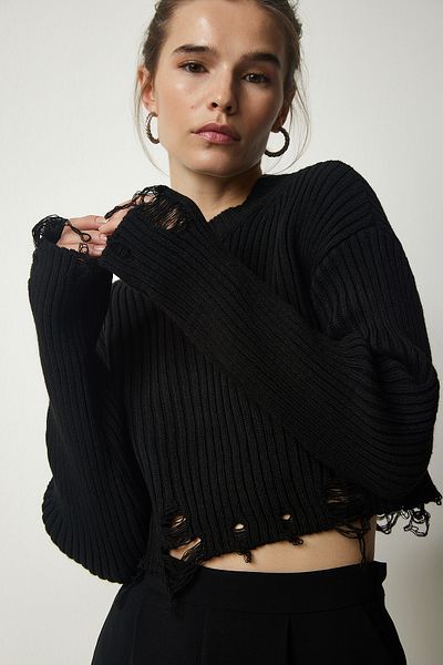 Happiness İstanbul Woman's Black Ripped Detailed Knit Crop Sweater YY00181