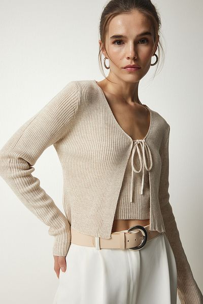 Happiness İstanbul Women's Cream Ribbed Knit Crop Cardigan Set MT00143