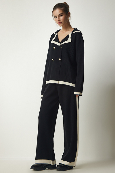 Happiness İstanbul Γυναικείο σετ πλεκτών παντελονιών με λεπτομέρεια μαύρης ρί...